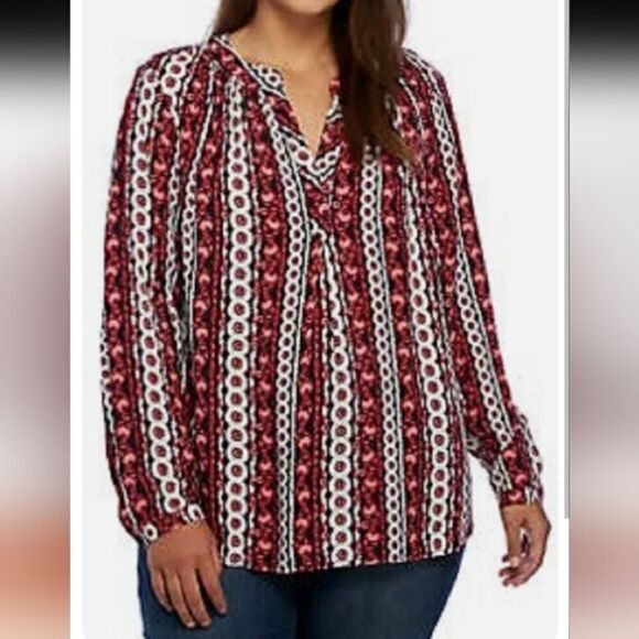Crown & Ivy curvy plus size multi print long-sleeve V-neck boho top  (14W - 16W) - Picture 1 of 10